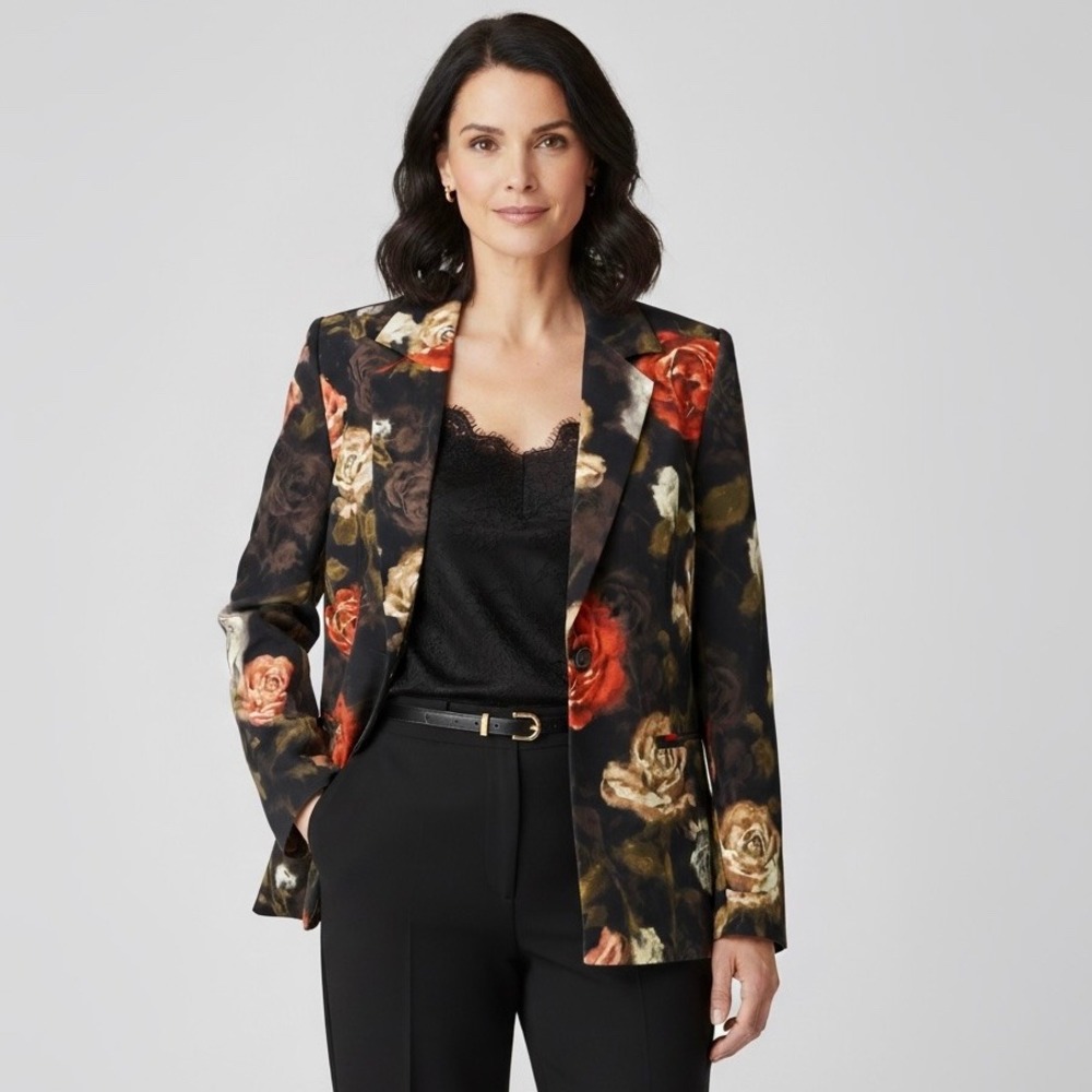 Susan Graver Dark‎ Floral Blazer Oversized Sz M Black Brown Orange Tan Autumn